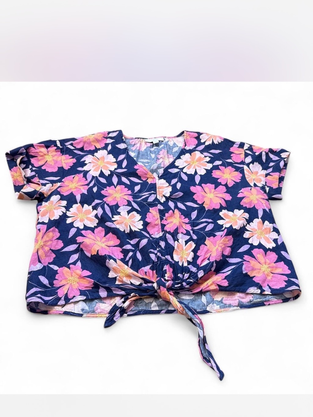 Charter Club linen Navy Floral Tie-Front V-Neck Top with Pink & Peach Blooms